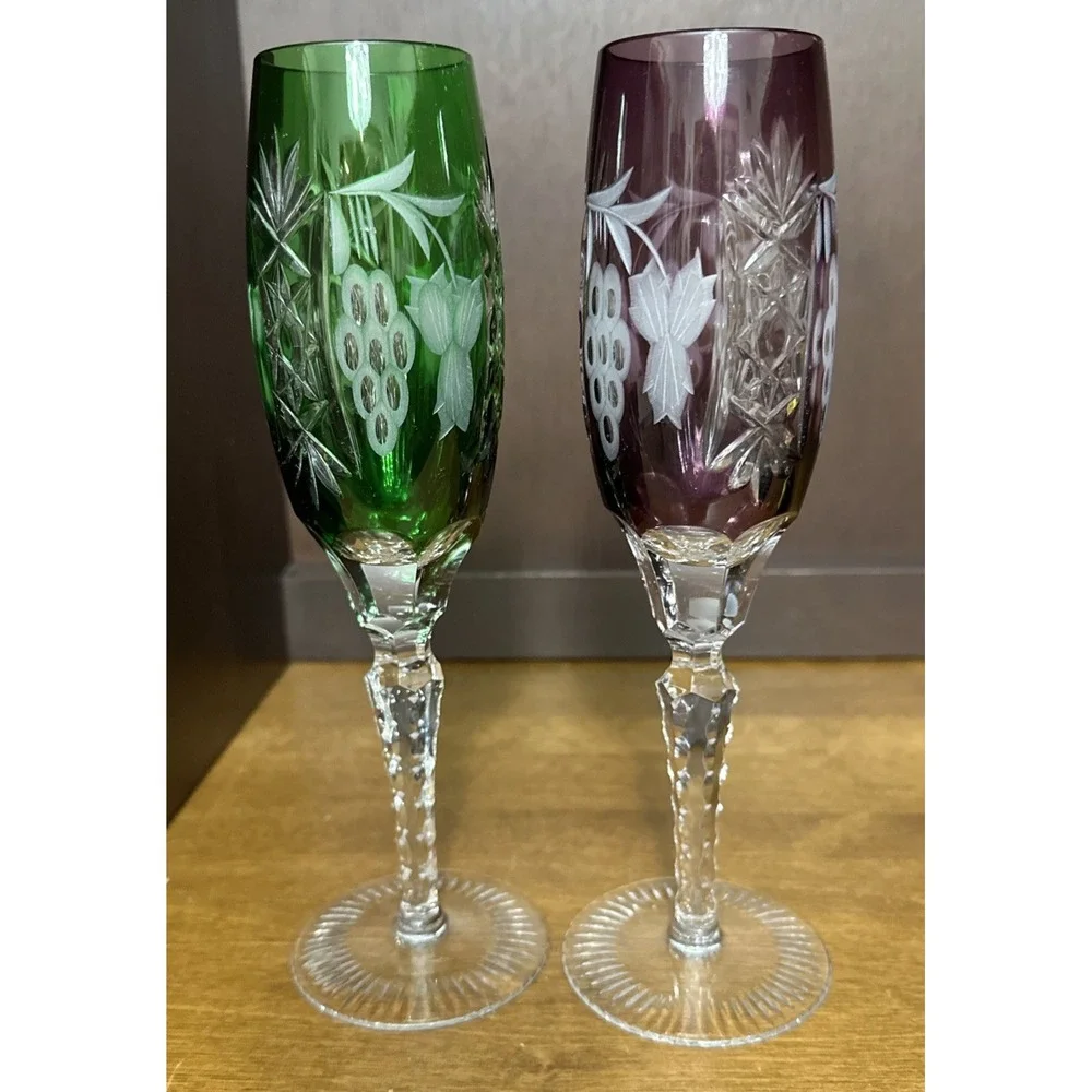 2 Ajka Crystal Glass Champagne Flutes Marsala Emerald Green & Purple 8 7/8
